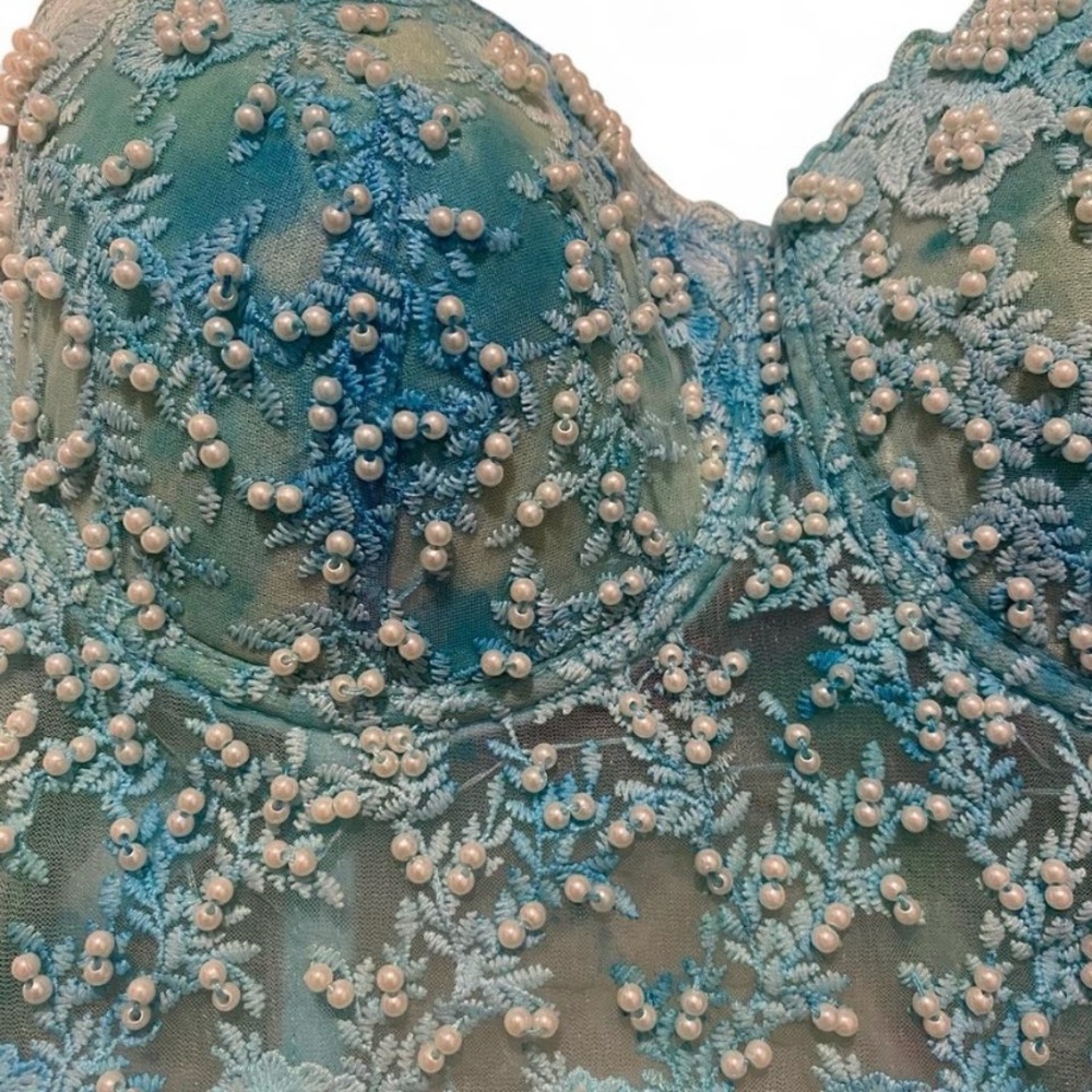 Embroidered Lace Beaded Bustier in Blue - Picture 2 of 4